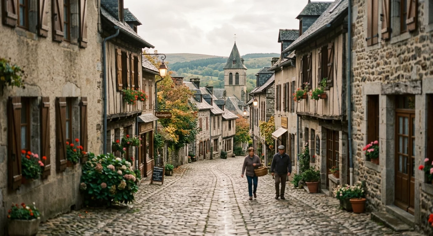 Rues du village de Laguiole sous un ciel couvert