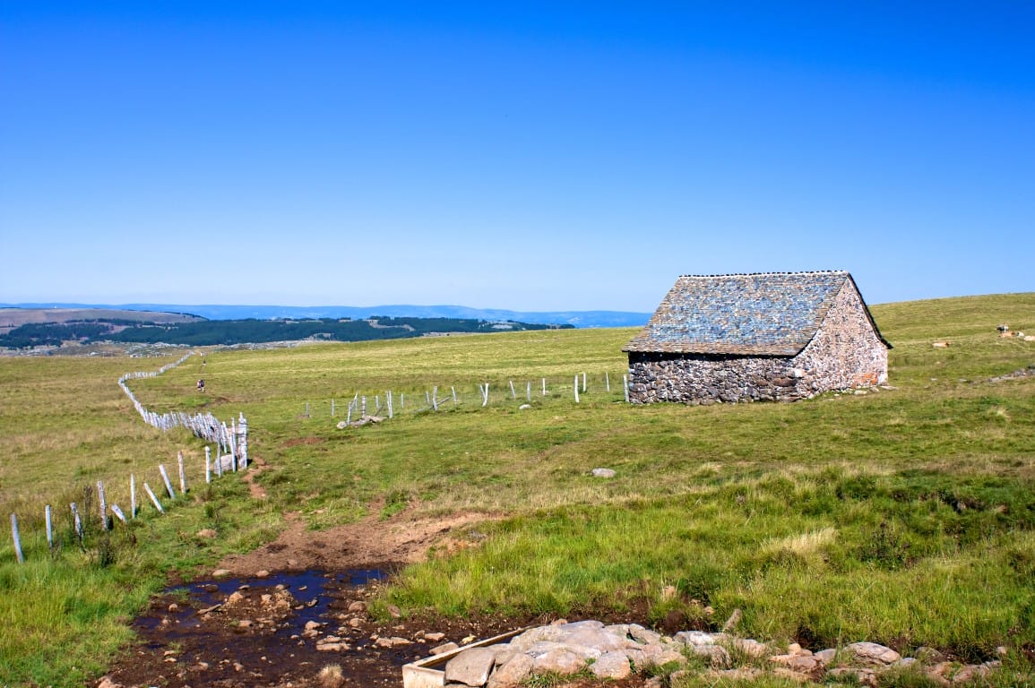 Route traversant les pâturages du haut plateau de l’Aubrac